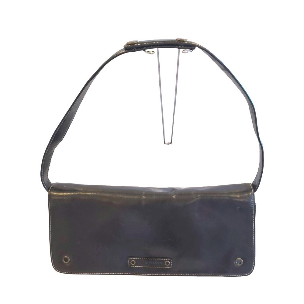 Vtg 90s AK Anne Klein Black Leather Baguette Bag White Stitch Red Lining Y2K